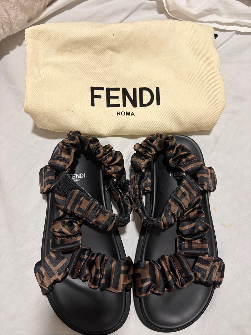 Fendi Black and Brown FF Logo Ruched Strap Sandals